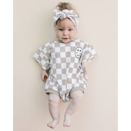 Short Sleeve Bubble Romper | Checkered Smiley Latte