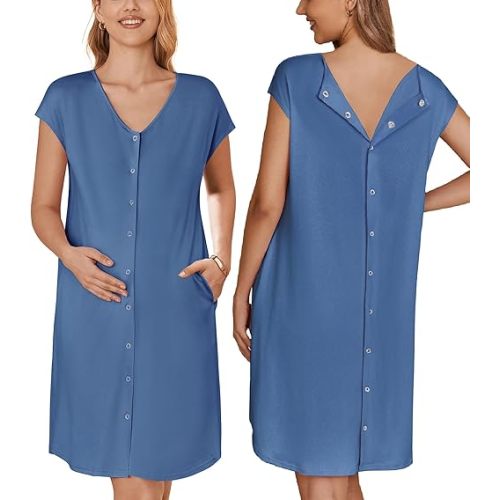 Ekouaer Labor/Delivery/Hospital Gown Nursing Nightgown Maternity Sleepwear With Pockets Postpartum Gowns with Button LARGE