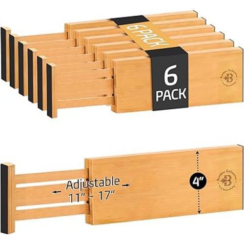 6 Pack Drawer Dividers 4 Inch High, 11”-17" Adjustable Bamboo Organizers Large Expandable Drawer Separators for Cloths, Dresser, Bedroom, Bathroom, Baby Drawer, Office & Kitchen Utensils (Natural)