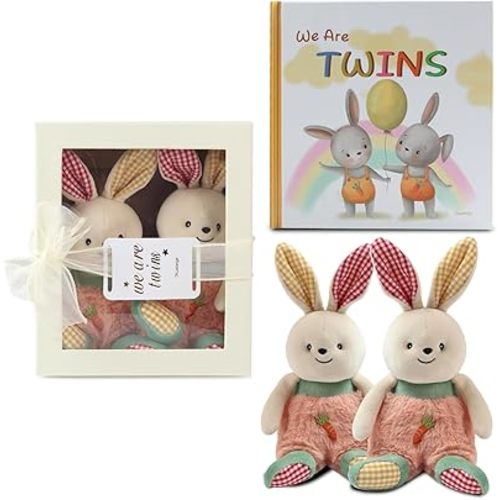 Twins Baby Items Set for Girl and Boy - Plush Rabbit 2-Piece Set and Twin Baby Storybook