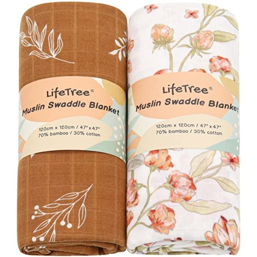 LifeTree Muslin Swaddle Blanket for Baby Girl Newborn, 2-Pack 70% Viscose from Bamboo and 30% Cotton Large Baby Swaddle Blankets (47" x 47"), Floral & Tan Leaf