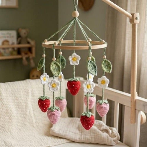 Crochet Strawberry Baby Mobile – Handmade Crib Mobile with Flowers, Strawberry Nursery Decor, Baby Shower Gift