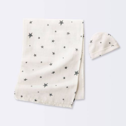 Hospital Muslin Swaddle Baby Blanket And Hat Gift Set - Cream And Gray Stars - 2pk - Cloud Island™