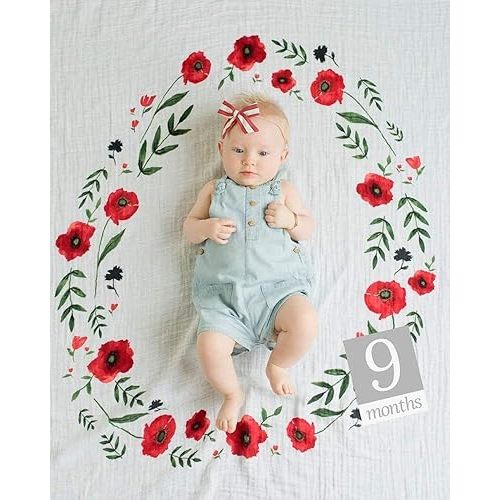 Little Unicorn Keepsake Monthly Milestone Photo Blanket – 47” x 46” – Milestone Cards Included - 100% Cotton Muslin – Machine Washable – Playful Designs - for Boys & Girls (Summer Poppy)