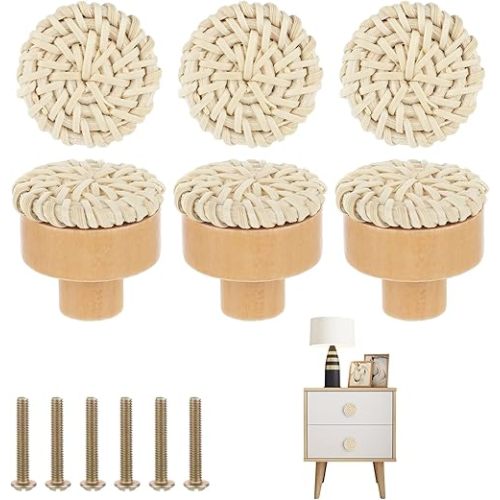 6Pcs Boho Rattan Knobs for Dressers, Wicker Woven Decorative Dresser Handles, Natural Wood Cabinet Knobs, Round Cabinet Knobs, for Kitchen Furniture Nursery Home DIY Cupboard Wardrobe (White)