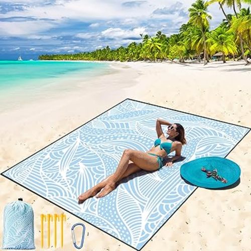Beach Blanket Waterproof Sandproof Beach Mat 79" X 83"/10'x9'for 2-8 Adults Quick Drying Outdoor Picnic Mat Beach Accessories for Travel, Camping, Hiking