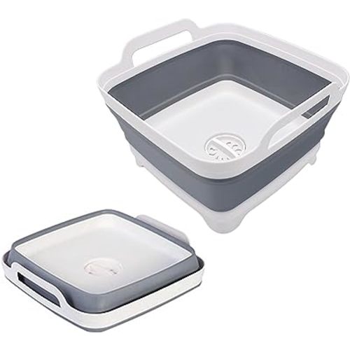 2.4 Gal(9L) Collapsible Dish Basin with Drain Plug, Space Saving Outdoor Multiuse Foldable Sink Tub, Dishpan, Kitchen Storage Tray for Camping, Vegetable Washing, RV (Gray)