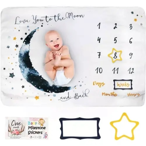 Month Milestone Blanket- 55"x35" for Baby Boys - First Year Calendar Monthly Growth Chart, Moon - Shower Gifts