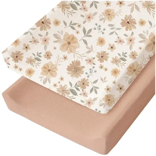 Konssy Muslin Changing Pad Cover for Baby Girls Boys, 100% Cotton Fitted Diaper Chang Table Covers, Soft Breathable Changing Pad Sheets, 2 Pack (Toffee,Flourish)