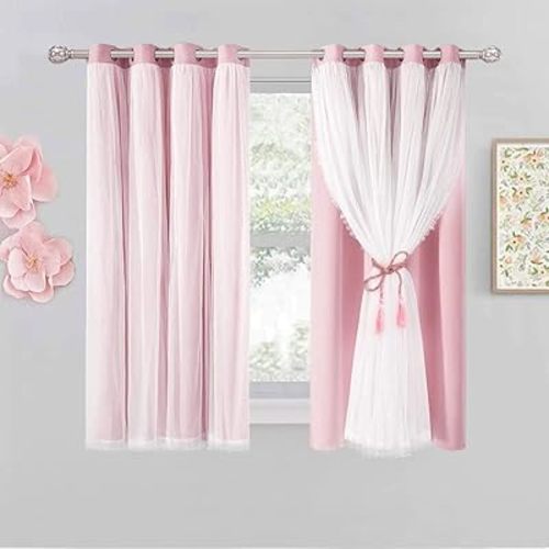 Short Pink Blackout Curtains with Sheer Overlay - Grommet Privacy Drapes, Cute Window Treatments for Kids/Girls Bedroom Nursery LivingRoom, 52 x 54 in, 2 PCs