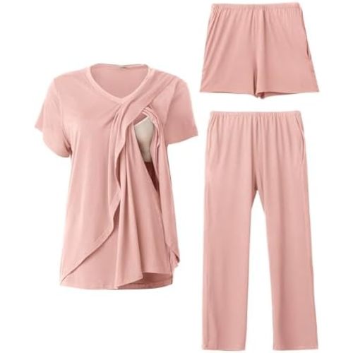 Rnxrbb V Neck Nursing Pajamas Set 3 Pack Postpartum Pjs Breastfeeding Sleepwear for Women Double Layer with Pockets