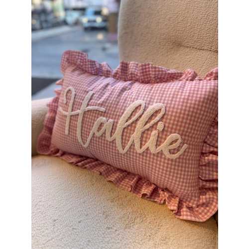 Newborn Baby Name Pillow, Pink Ruffle Cushion for Nursery, Personalized Embroidered Pillowcase, Custom Keepsake Gift, Gingham Cotton