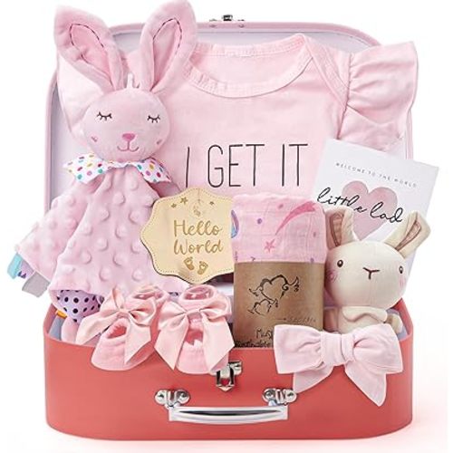 Golray 9pcs Baby Girl Gifts, Baby Shower Gifts for Girls Baby Toys 0-6 Months with Bunny Rattle, Blanket/Onesies/Headband/Socks, New Born Essential Stuff, Gender Reveal Ideas Infant Baby Gift Basket