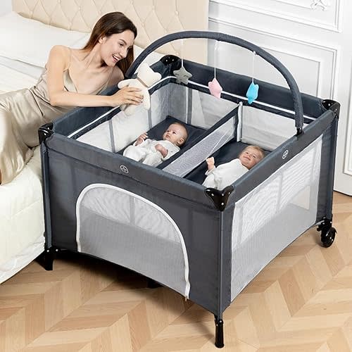 Twin Bassinet - 3 in 1 Twin Bassinets for 2 Babies with Hanging Toys & Storage Basket, Portable Pack and Play Foldable Bedside Sleeper with Carry Bag, Grey