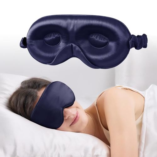 100% 22 Momme Mulberry Silk Sleep Mask with Adjustable Strap, 3D Contoured Cup Silk Eye Mask for Sleeping, Total Black Out, Navy Bule