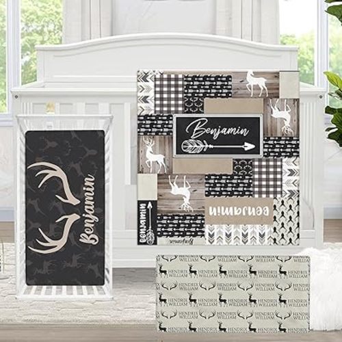 Custom Baby Crib Bedding Set, 3 Pcs Personalized Baby Crib Sets with Baby Name, Brown Woodland Deer Infant Bedding Set, Nursery Bedding Set for Baby Boys, Customized Gifts for Toddlers Kids