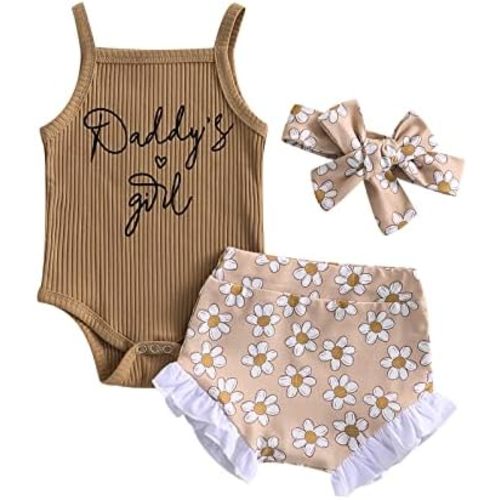 FYBITBO Newborn Baby Girl Clothes Summer Floral Rib Sleeveless Romper Onesie Top Ruffle Shorts Headband Infant Outfit Sets