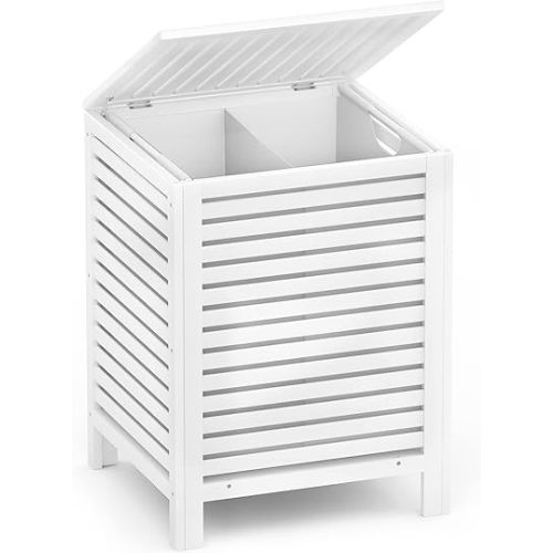 Homykic Bamboo Laundry Hamper with Lid, 120L Large Clothes Laundry Sorter with Removable 2-Section Liner Bag, Raised Laundry Basket Organizer for Clothing, Bathroom, Bedroom, Laundry Room, White