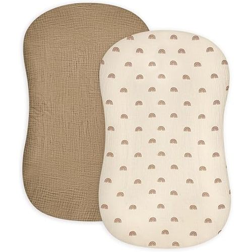 Hooyax Muslin Baby Lounger Cover 2 Pack, Soft and Breathable Newborn Lounger Cover, Infant Lounger Cover, Adorable Lounger Slipcover for Boys Girls, Covers Only (Brown, Rainbow)