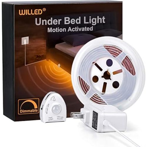 WILLED Under Bed Lights, Dimmable Motion Activated Led Light Strip, Under Bed Lighting with Motion Sensor and Power Adapter, Soft Warm Glow LED Lights for Bedroom, Crib, Cabinet and Bathroom