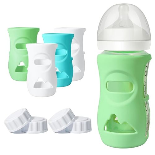 4 Pack Silicone Sleeves for Philips Avent Glass Bottle Food Grade Silicone Bottle Cover and 4pcs Travel Bottle Caps, Bottle Lids Replacement (White+Blue+Green, 8oz) - 2White+1Blue+1Green - 8 Ounce