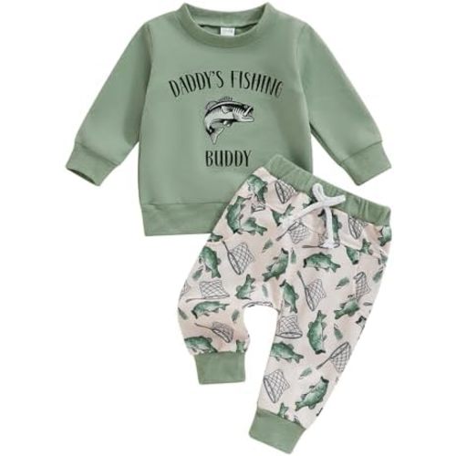 Toddler Baby Boy Fall Outfit Daddy's Fishing Buddy Letters Print Sweatshirt Fish Print Pants Set 2Pcs Hunting Outfit