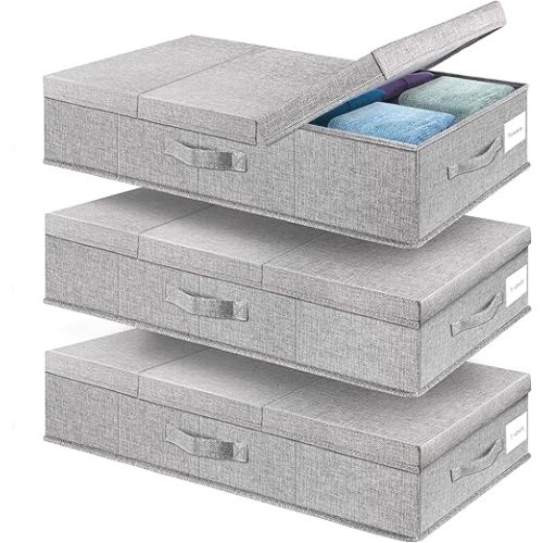 Underbed Storage Containers 3 Pack, Large Under Bed Storage Bins with Lids, Foldable Sturdy Under the Bed Storage Drawer for Organizing Clothes, Shoes, Blankets, Pillows-Grey