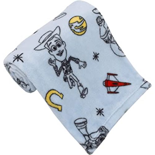 Disney Toy Story 4 Super Soft Blue, Yellow, Red Buzz Lightyear Woody Star Rocket Horse Shoe French Fiber Baby Blanket, Blue, Red, Yellow