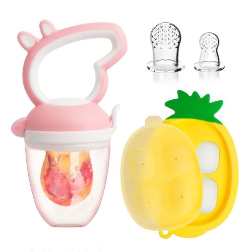 Baby Fruit Feeder with Mini Freezer Tray, Baby Teethers, Breastmilk Popsicle Molds for Teething Relief, Silicone Fresh Food Feeder for Safe Infant Self Feeding (Pig Pink)