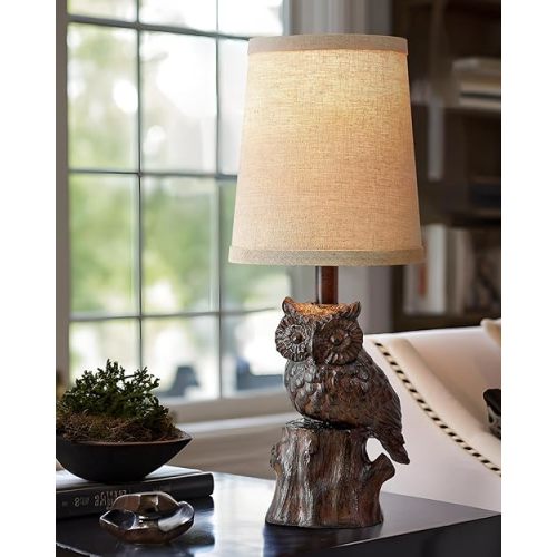 14.25" Small Table Lamp for Living Room Farmhouse Bedside Resin Single Lamp with Brown Owl Lamp Shape for Bedroom Retro Rustic Nightstand Lamp