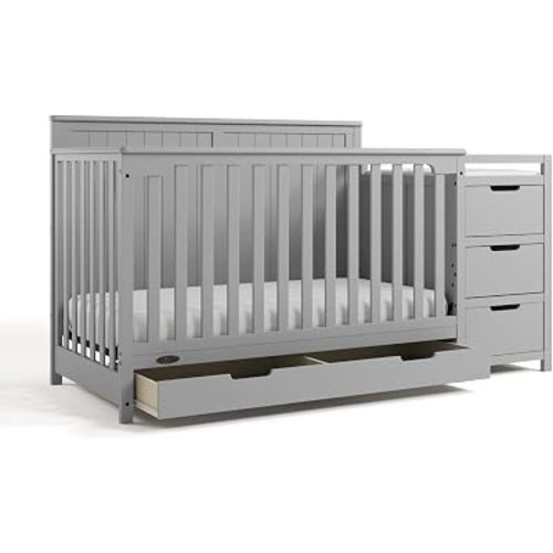 Graco Hadley 5-in-1 Convertible Crib & Changer (Pebble Gray) – GREENGUARD Gold Certified, Fits Standard Crib Mattress, Converts to Toddler Bed and Full Bed, 4 Adjustable Mattress Heights