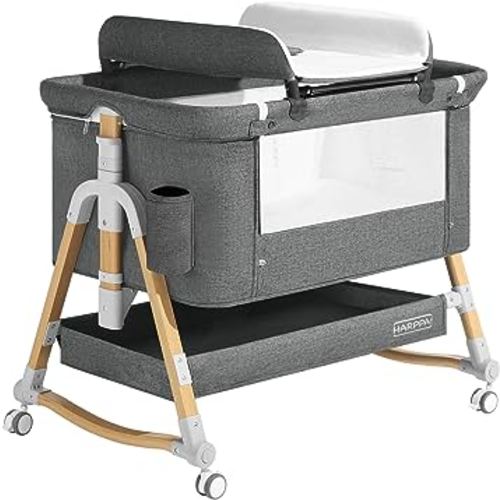 HARPPA Baby Bassinet Bedside Sleeper (Diaper Changing Station + Mosquito Net Included), Adjustable Bedside Crib with Storage, Converts to Cradle and Cosleeper, Portable, Easy Folding. Grey