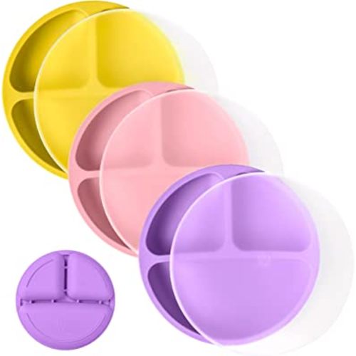 WeeSprout Silicone Plates with Lids for Babies & Toddlers (3 Pack) 100% Food-Grade Dishes for Self Feeding, Divided Design & Raised Edges for Picky Eaters, Dishwasher & Microwave Safe Weaning Supplies