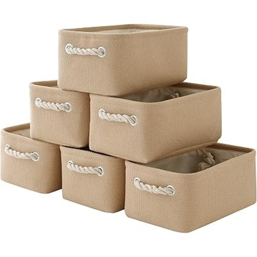 Organization and Storage Basket for Gifts Empty - 12x8x5.2 inch Small 6 Pack Collapsible Storage Box for Organizing, Fabric Storage Cubes for Cloth Books Laundry Canvas(Beige)