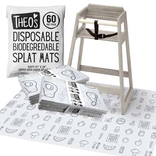 THEO'S MATS 60 Count Disposable Mats for Under High Chair - 100% Biodegradable & Compostable 47" x 29" Splat Mat Floor Covering | Baby Led Weaning Supplies for Home or Restaurants, Gray