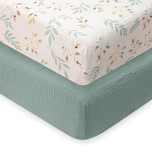 Muslin Crib Sheets for Girls and Boys, Cotton Boho Neutral Fitted Baby Sheet Standard Mattress & Toddler Bed (52"x28"), Soft Breathable, 2 Pack (Roman Green&Botanical Leaf)
