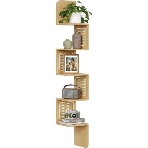 VASAGLE 5-Tier Corner Shelf, Wall Mounted Floating Shelf, Zigzag Corner Shelf Unit, PVC Rattan Sides, Space-Saving, for Kitchen, Living Room, Bedroom, Boho Style, Oak Beige ULLS582Y57