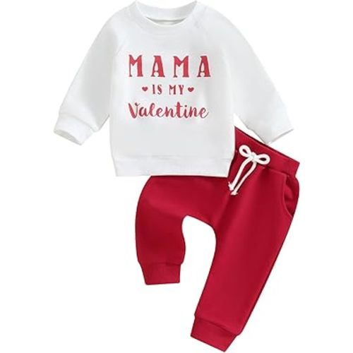 Bowanadacles Valentine's Day Infant Baby Girl Boy Outfit Clothes Letter Sweatshirt Top Elastic Waist Pants Set Fall Spring, 9-12 Months