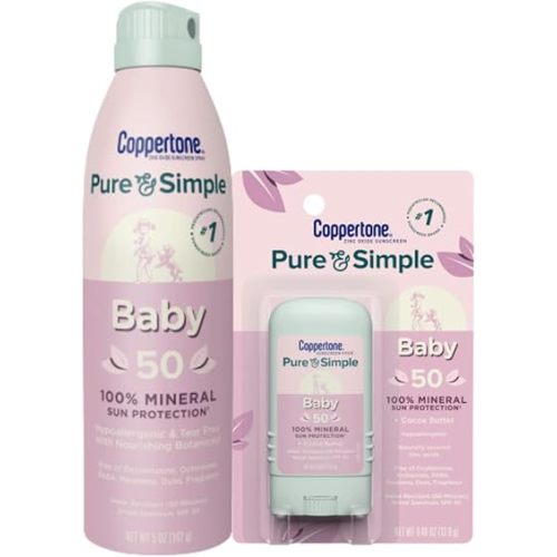 Coppertone Pure and Simple Baby Mineral Sunscreen Spray SPF 50 (5 Oz) + Baby Sunscreen Stick SPF 50 (0.49 Oz), Hypoallergenic and Tear Free