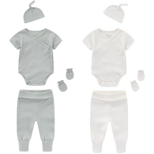 Newborn Infant Baby Boy Girl 100% Cotton Bodysuits Short Sleeve, Pants,Caps and Scratch Mittens Solid Color