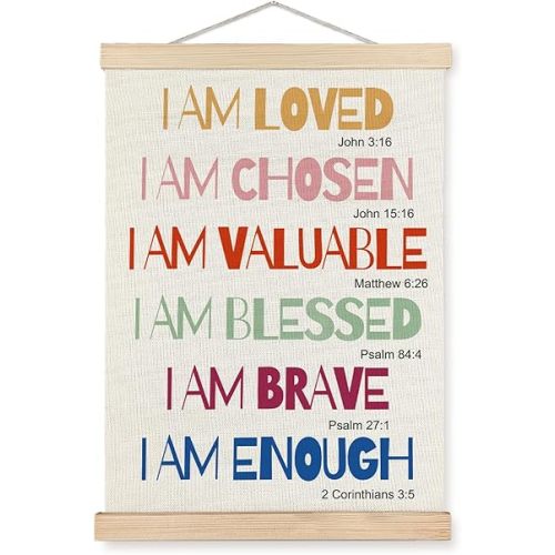 SPBL&L Boho Motivational Christian Wall Art Poster Hanger Frame, I Am Loved Bible Verse Positive Affirmation Hanging Canvas Pictures Prints Wall Decor for Kids Room Bedroom Nursery, 12x16 Inch