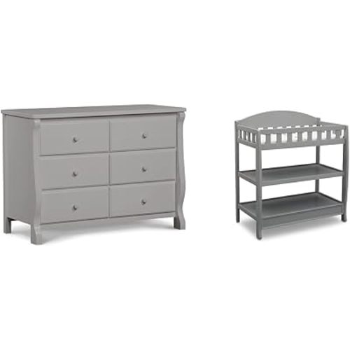 Delta Children Universal 6 Drawer Dresser with Interlocking Drawers - Greenguard Gold Certified, Grey & Infant Changing Table with Pad, Grey
