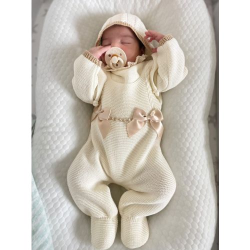 Double Bow Cable Knit Suspenders Style With Ruffle Collar Baby Knitted Romper in Ivory