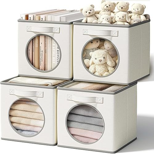 Vailando Foldable Fabric Storage Cube with Round Window - 4 Pack 11"x11"x11" Collapsible Closet Organizer Bins for Clothes, Shelves, Offices, Laundry & Misc, White & Ivory
