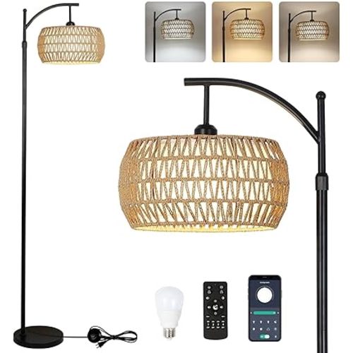 Arc Floor Lamp with Remote Control, Dimmable LED Floor Lamp with 3 Color Temperature, Black Standing Lamp with Rattan & Fabric Double Drum Shade, Boho Farmhouse Tall Pole Lamp for Living Room Bedroom