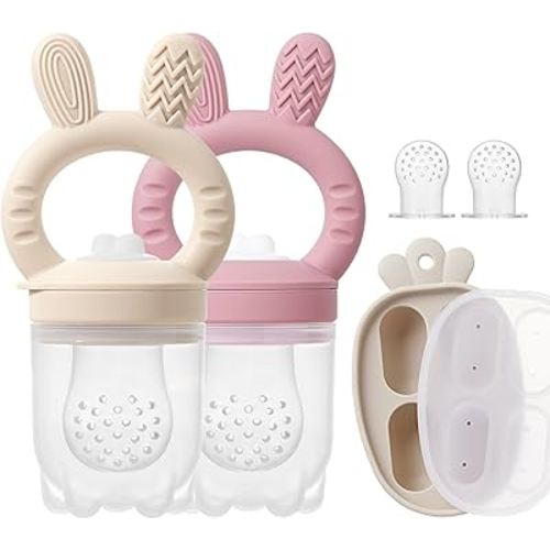 Silicone Baby Fruit Feeder with Freezer Tray Baby Food Feeder Popsicle Molds for Teething Relief Includes Extra Food Pouches (Beige+Rose)