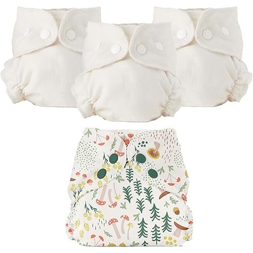 Esembly Cloth Diaper Bundle Set - 3 Organic Cotton Absorbent Inners and 1 Waterproof Outer Diaper Cover - Reusable, Washable, Snap Closure Cloth Diapers - Size 1 (7-17lbs), Fantastic Fungi