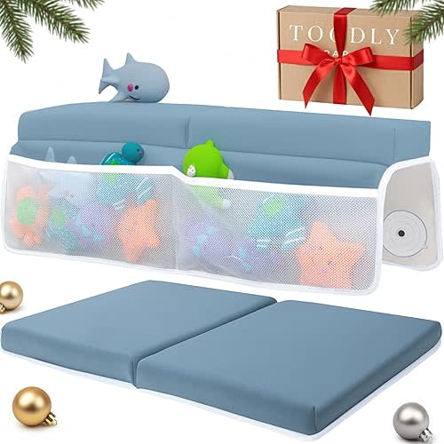 Comfortable Baby Bath Kneeler and Elbow Rest Pad Set – Thick Memory Foam Bath Kneeling Pad with Elbow Support – Baby Bathtub Cushion with Toy Organizer for Bathing Infant or Toddler - Blue