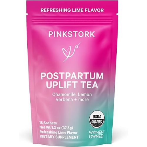 Pink Stork Postpartum Uplift Mood Support Tea: Hormone Balance for Women After Pregnancy, Chamomile Tea with Red Raspberry Leaf for Postpartum Recovery - Caffeine-Free, Hot or Iced, 15 Sachets