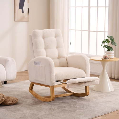 Timbernest Rocking Chair, Upholstered Glider Rocker for Nursery with Footrest and Side Pocket, High Backrest Lounge Arm Chair for Living Room, Bedroom, Office, Beige
